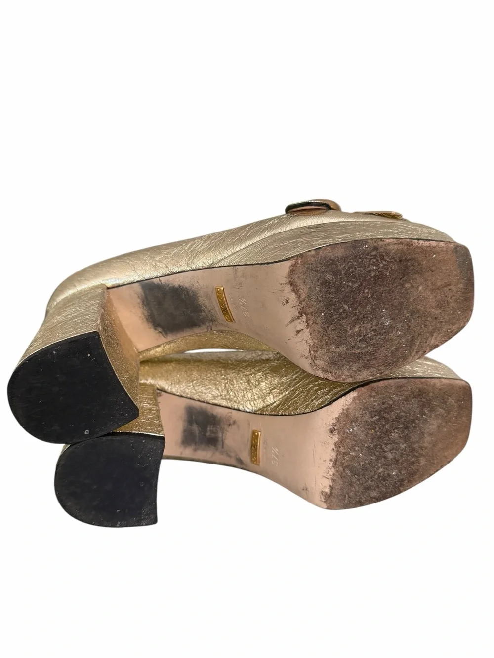 Gucci Gold Leather Galassia Platino Marmont  GG Platform Block Heels Size 37.5